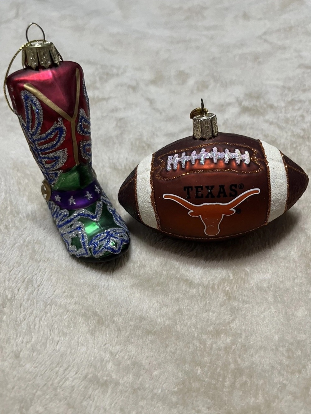 Lot Of 2 Blown Glass Christmas Ornaments UT Football Old World & A Boot